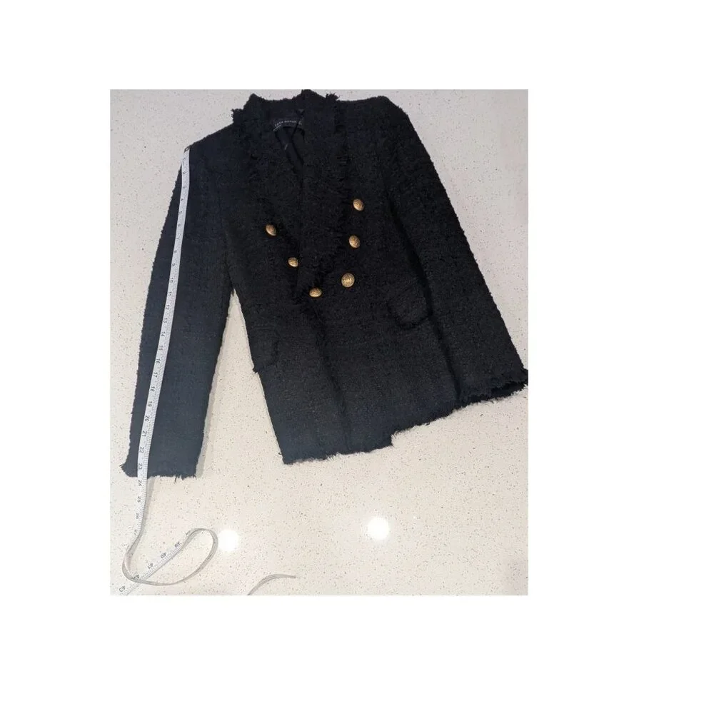 ZARA Woman Black Bouclé Tweed Double-Breasted Blazer Size S Gold Buttons - Picture 8 of 8